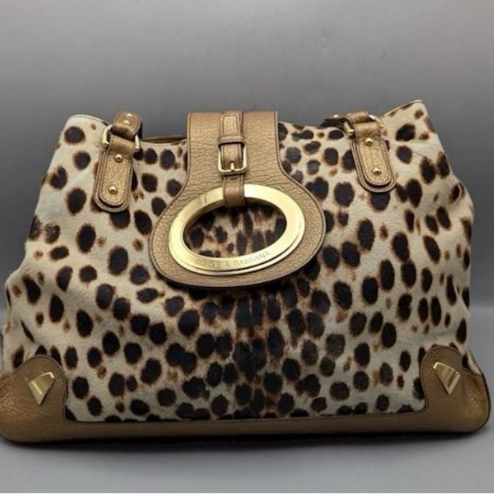 Vintage Dolce & Gabbana Leopard Print Shoulder Bag with Gold Accents